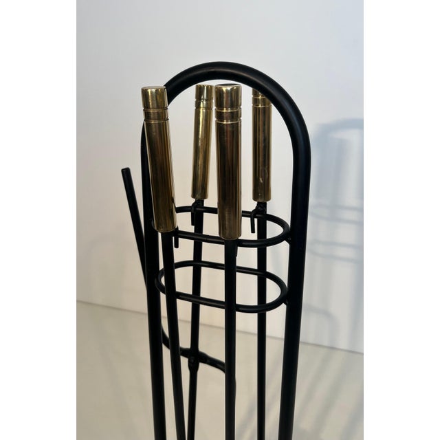 Brass Circa 1970s Fireplace Tools on Stand in Black Lacquered Metal and Brass Design/one For Sale - Image 8 of 12
