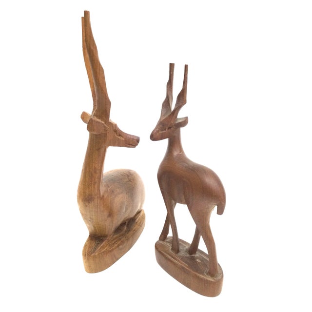 Mid-Century Modern Vintage Hand Carved Wood Antelope Deer Statues - a Pair For Sale - Image 3 of 12
