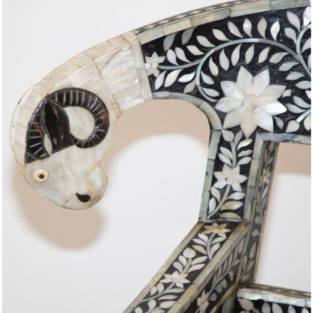 Early 20th Century Anglo-Indian Mughal Mother of Pearl Inlaid Klismos Armchair With Ram Head 1 of 2 For Sale - Image 5 of 12
