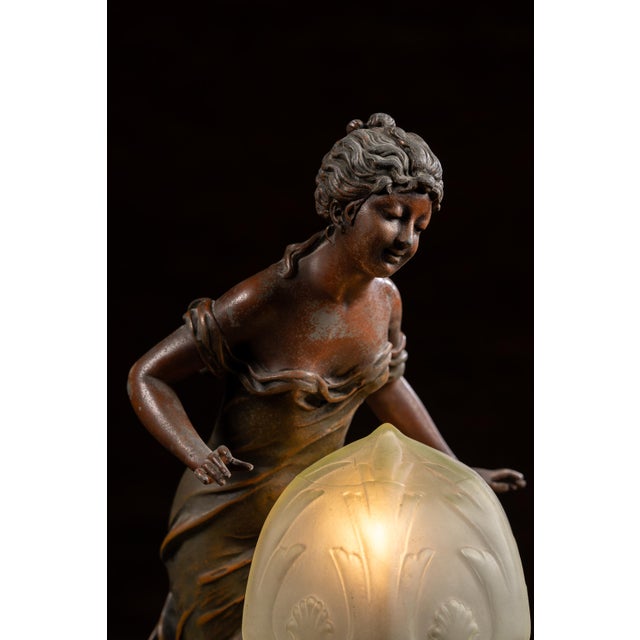 Bronze 1910s Art Nouveau Figural Lamp With Uranium Glass Shade by Anglade For Sale - Image 8 of 14