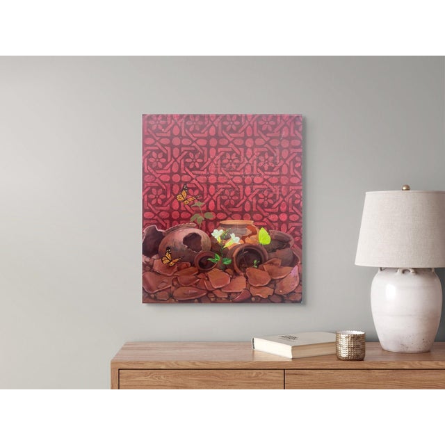 African Light in the Darkness (III) by Ifeoluwa Alade | Acrylic and glow in the dark medium on canvas Still life with butterflies and broken pottery For Sale - Image 3 of 5
