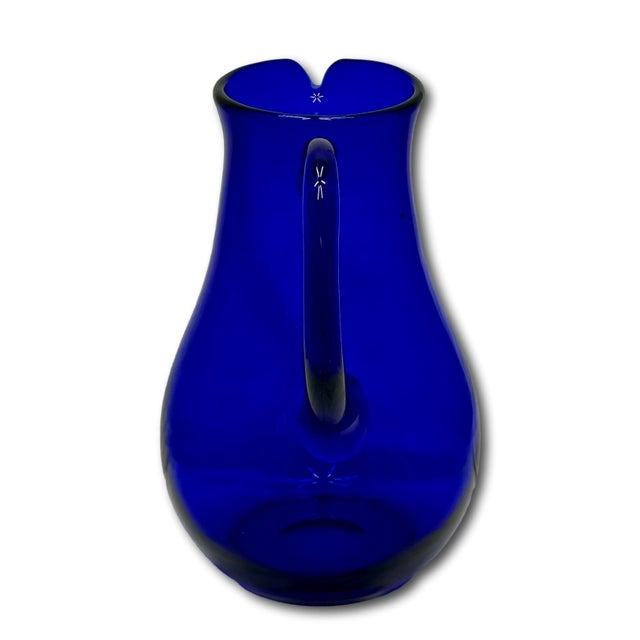 Stunning Vintage Retro Art Deco Deep Cobalt Blue Hand Blown Art Glass Pitcher - Circa Mid 20th Century For Sale - Image 15 of 18