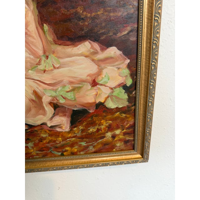 Early 21st Century Victorian Style Interior Oil Painting Elegant Lady in Pink Gown, Framed For Sale - Image 5 of 8