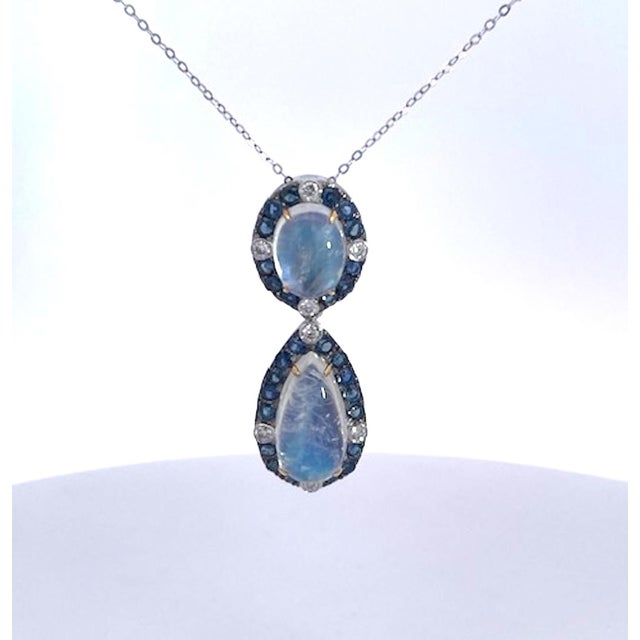 Double Drop Moonstone Pendant W/Diamonds and Sapphires 18k For Sale In Los Angeles - Image 6 of 10