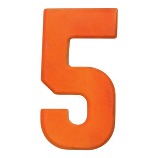 1960s Rustic Neon Orange “5” Sign Beveled Number For Sale