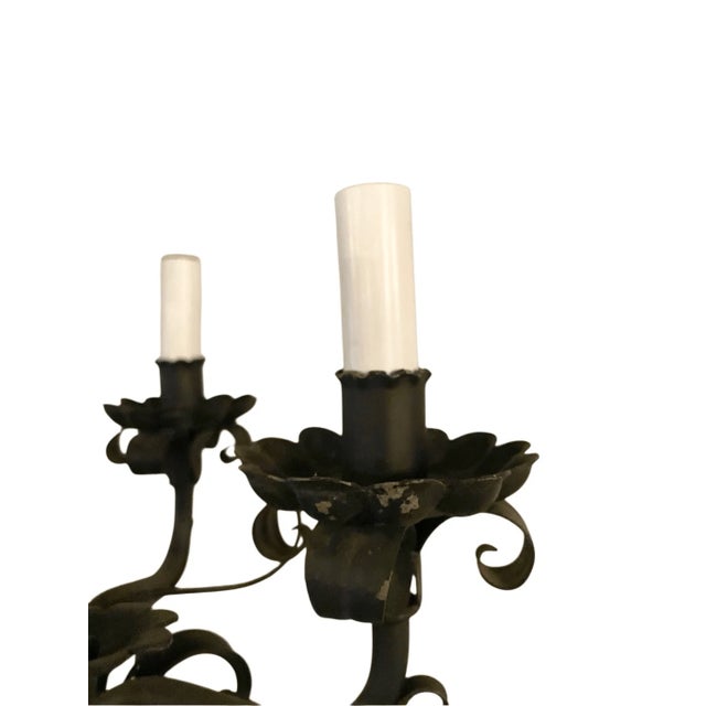 Mid 20th Century Vintage 6 Light Chandelier Spanish Leafy Details Black Iron For Sale - Image 5 of 8
