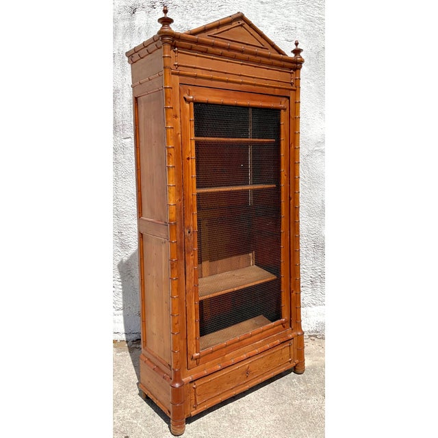 Coastal Vintage Coastal Carved Bamboo Wire Front Armoire For Sale - Image 3 of 11