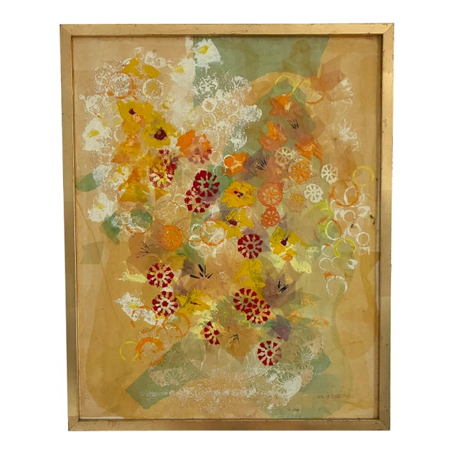 Late 20th Century Mid-Century Modern Abstract Floral Mixed Media Collage Painting by Sylvia Knopping — Framed For Sale
