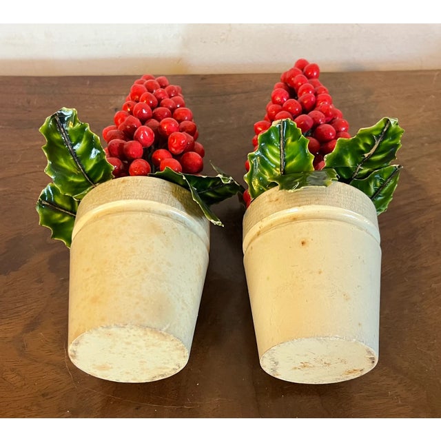 Antique German Christmas Ornaments Paint Decorated and Carved Wood Red Berry Topiary Trees in Pots - a Pair For Sale - Image 9 of 10
