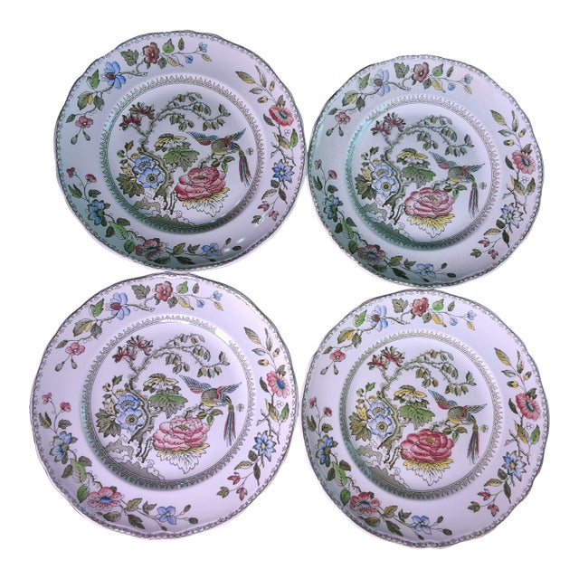 Antique Davenport Green Multicolor China Dinner Plates by Crown Staffordshire - Set of 4 For Sale