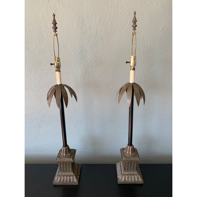 Late 20th Century Large Palm Buffet Lamps With Brass Accents and Black Shades, Pair For Sale - Image 12 of 13