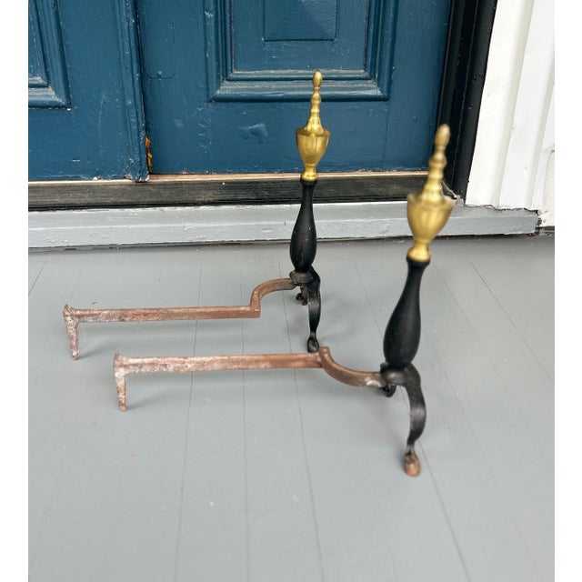 Federal Style Antique Andirons | Brass Urn Finials & Black Iron Fireplace Dogs | 18th–19th Century Style For Sale - Image 4 of 6