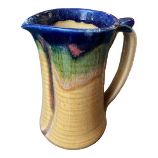Vintage Hand Made Yellow Pottery Pitcher With Blue and Green Accents For Sale