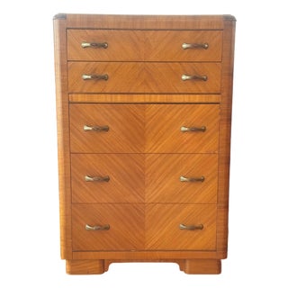 1930s Art Deco Waterfall Tallboy Dresser - Original Bakelite Drawer Pulls For Sale