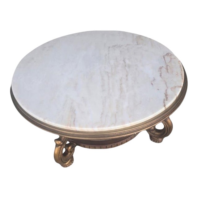 Vintage Portuguese Rosa Aurora Marble and Giltwood Round Coffee Table For Sale