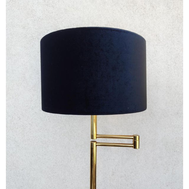 Mid-Century Swing-Arm Brass Floor Lamp with Black Velvet Shade, Germany, 1970s For Sale - Image 3 of 9