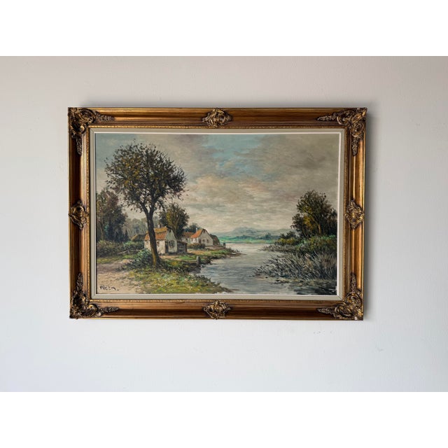 Vintage P. Veen European Countryside River Landscape Oil on Canvas Painting For Sale - Image 4 of 12