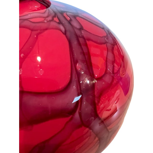 Red Vintage Czech Art Deco Red Cased Glass Orb Vase With Black Web Drizzle Pattern Attributed to Kralik Glassworks For Sale - Image 8 of 12