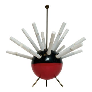 1950’s Sputnik Atomic Tripod Round Black Red & Brass Cigarette Holder For Sale