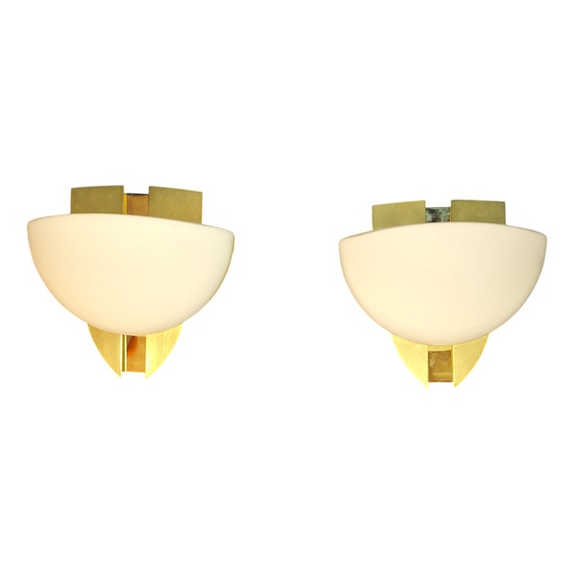 Vintage Wall Lamps with Brass Frames and Opaque White Glass Shades by Honsel, 2000s, Set of 2 For Sale