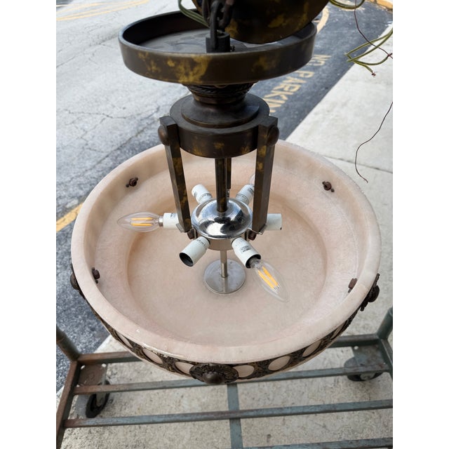 Art Deco Late 20th Century Art Deco Mariner s.a. Spanish Cast Brass & Molded Alabaster Glass Inverted Bowl Chandelier For Sale - Image 3 of 9