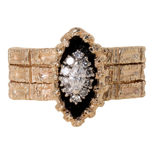 Vintage 14k Gold Marquise Diamond Black Enamel Chunky Navette Ring, Size 8 For Sale