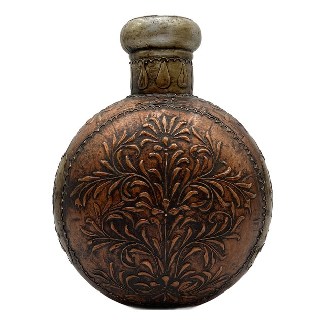 Antique Tibetan Copper Tin Vessel with Floral Pattern, 1920s For Sale