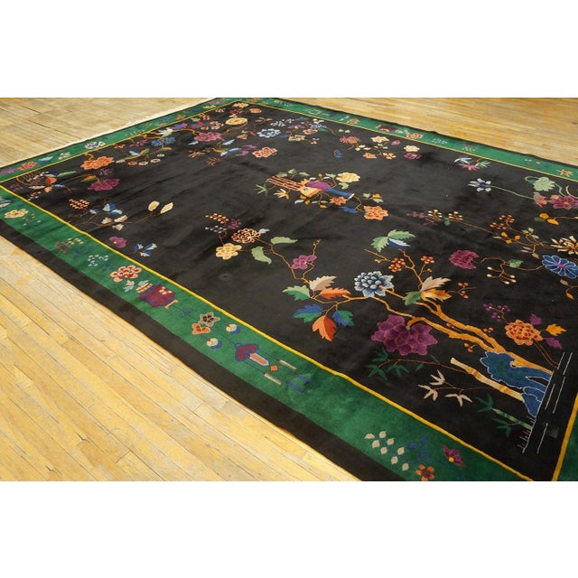 1920s Black Floral Modernist Antique Chinese Art Deco Rug 10' X 13' 6" Knotted Wool Carpet For Sale - Image 4 of 12