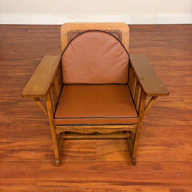 Vintage Oak & Cane Mission Style Rocking Chair With New Leather Cushions For Sale - Image 10 of 18