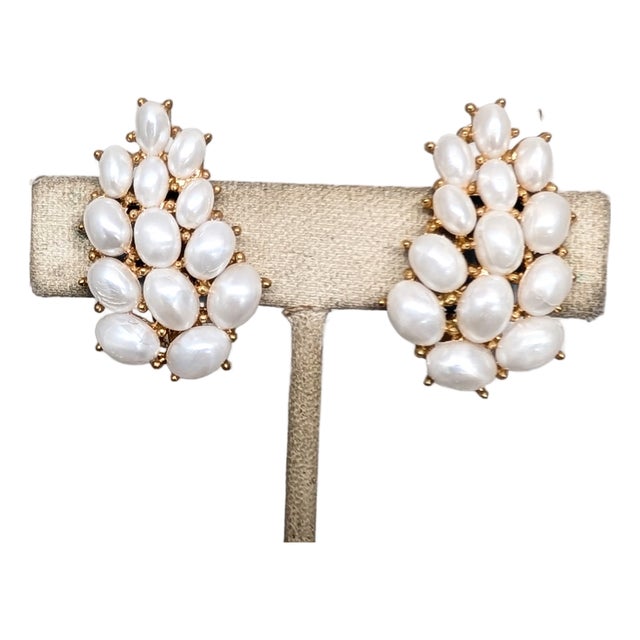 Vintage 1958 Signed Crown Trifari Faux-Pearl "Calypso" Clip Earrings- 2 Pieces For Sale