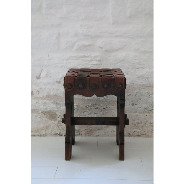 Wood Vintage Brutalist Wood and Leather Stools, 1950s, Set of 2 For Sale - Image 7 of 12
