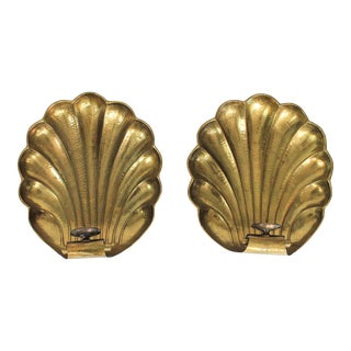 Pair of Italian Hammered Brass Shell Wall Candle Holders For Sale