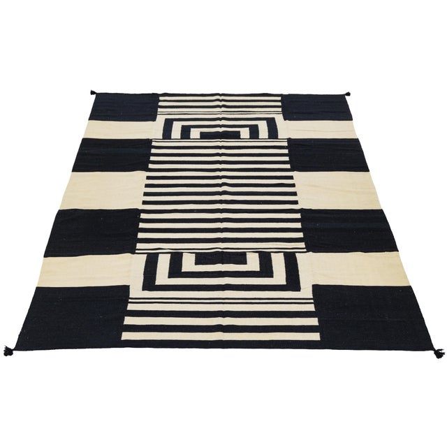 Modern Navajo Style Hand-Woven Wool Flat-Weave Area Rug in Black & Ivory For Sale - Image 4 of 9