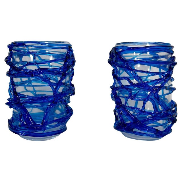 Italian Art Deco Style Cobalt Blue Murano Glass Vases by Cenedese, 2000s, Set of 2 For Sale - Image 9 of 9