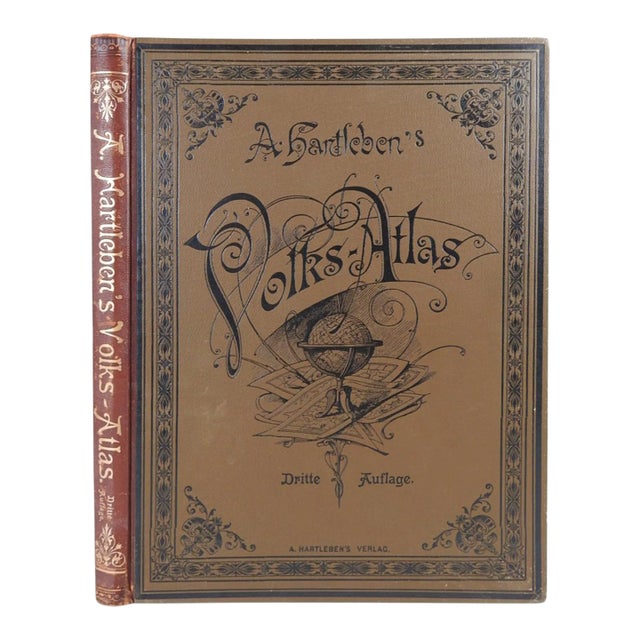 Antique German Hartleben's Volks Atlas Book World Maps For Sale
