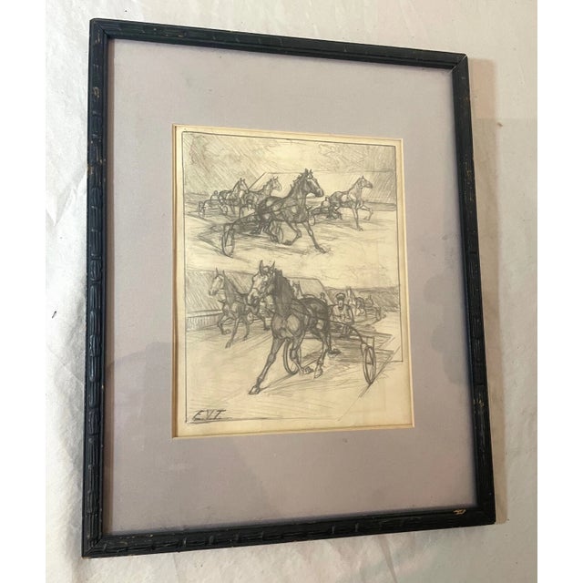 This is a rare and unique antique pencil drawing of horse harness racing in a style that reflects realism and signed...