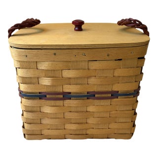 Vintage Peterboro Woven Basket With Braided Leather Handles & Lid For Sale