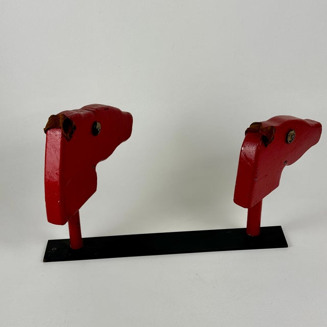 Vintage Farmhouse Double Wooden Horse Heads Sculpture in Red, Kids Decor For Sale - Image 9 of 11