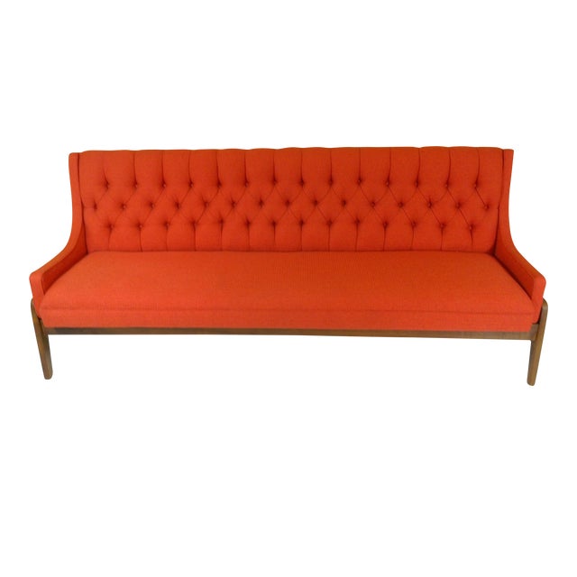 Mid-Century Modern Orange Upholstered Narrow Sofa For Sale