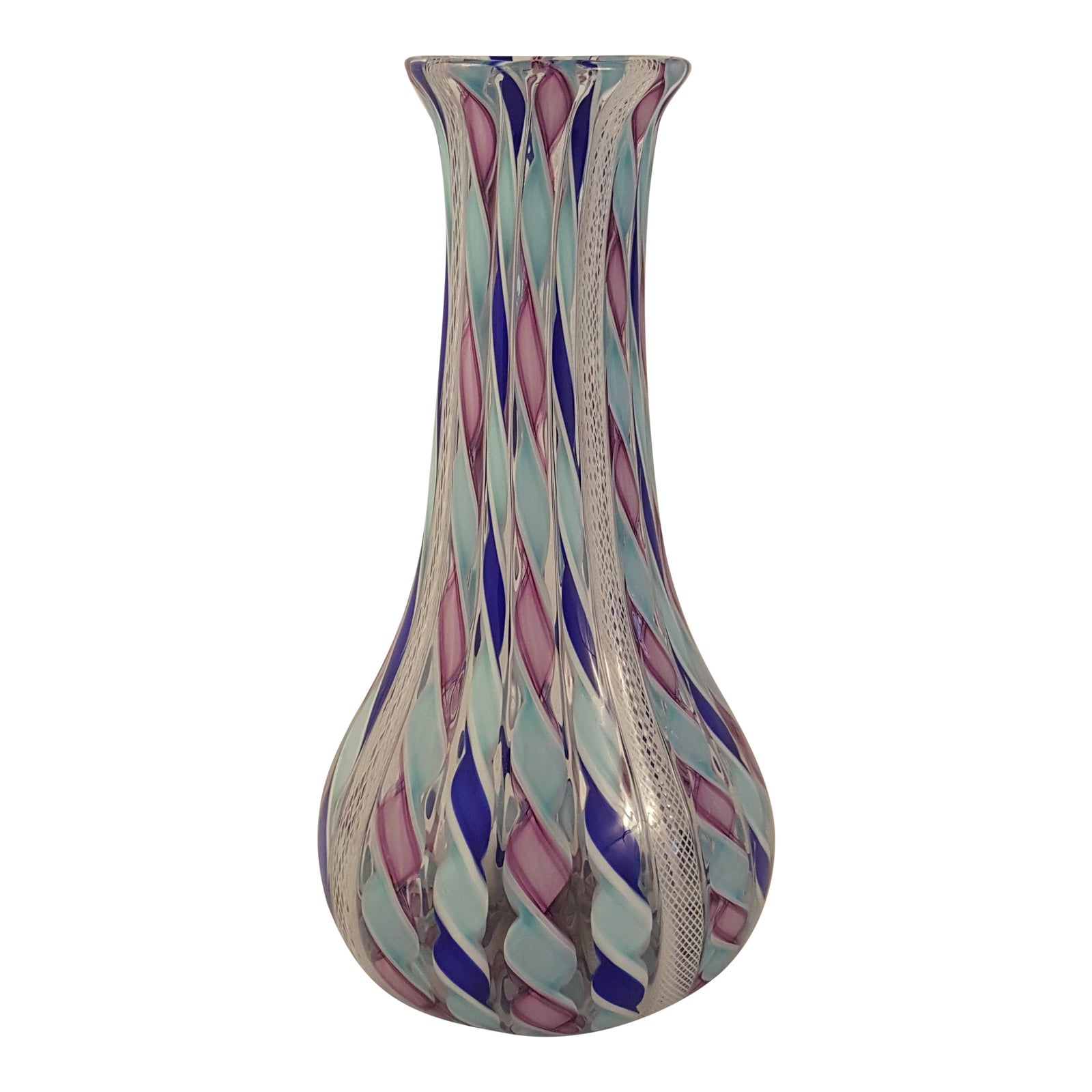 Murano Zanfirico Style Blue & Purple Glass Vase Signed by Mike Grau