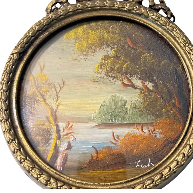 Vintage Italian Miniature Oil Landscape Painting in Ornate Victorian Brass Frame | Signed For Sale - Image 4 of 12