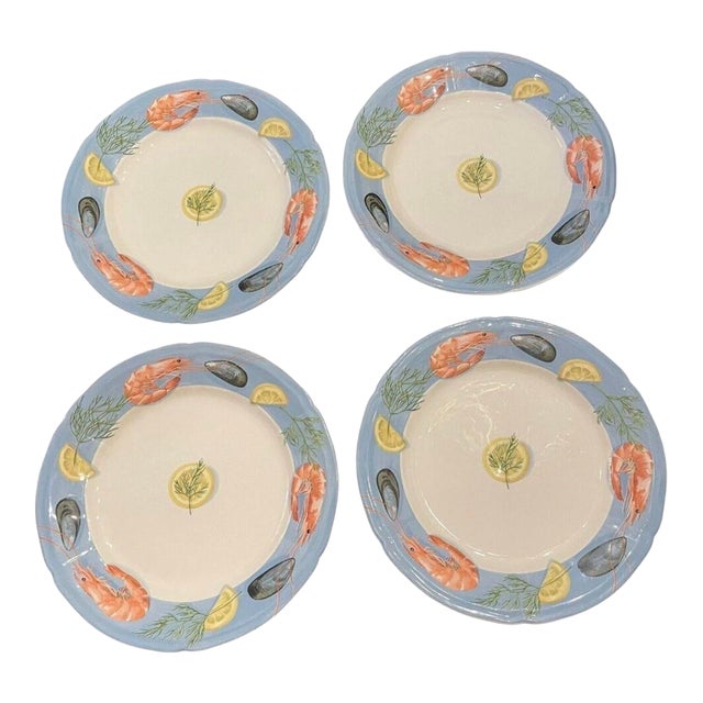 1970s Gien France "Belle Île en Mer" Seafood Plates — Hand-Painted Majolica, 11.25" - Set of Four For Sale