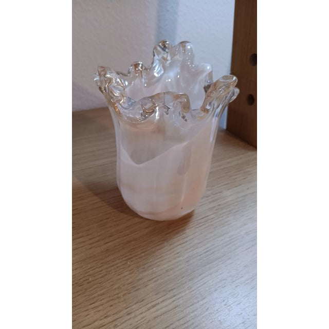 Mid-Century Modern Vintage Murano Handmade Italy Glass Bowl Vase Cream Peach Swirl For Sale - Image 3 of 6