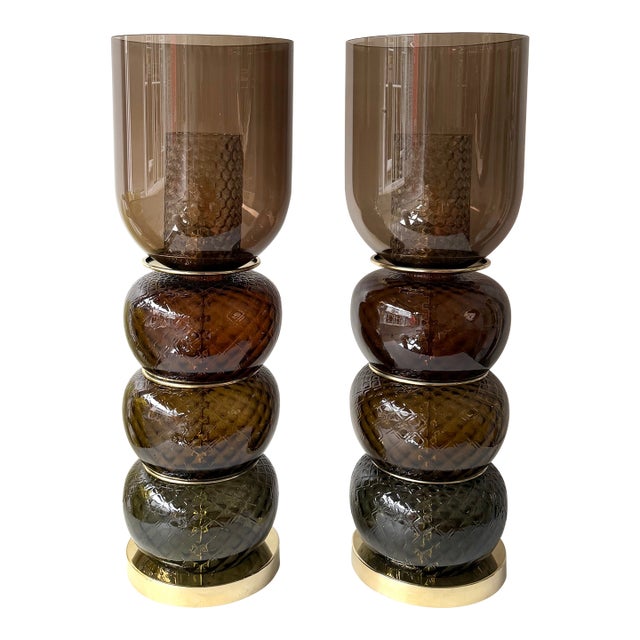 Contemporary Pair of Brass and Murano Glass Smoke Honeycomb Shades Lamps, Italy For Sale