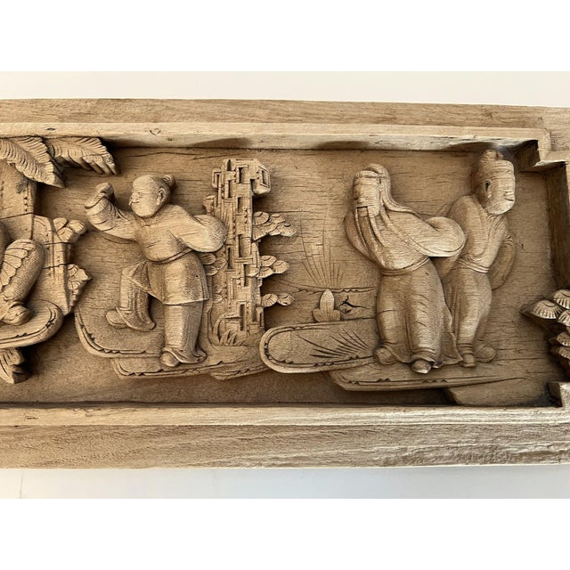 19th Century Chinese Antique Small Wood Panel With Figural Carvings For Sale - Image 5 of 18