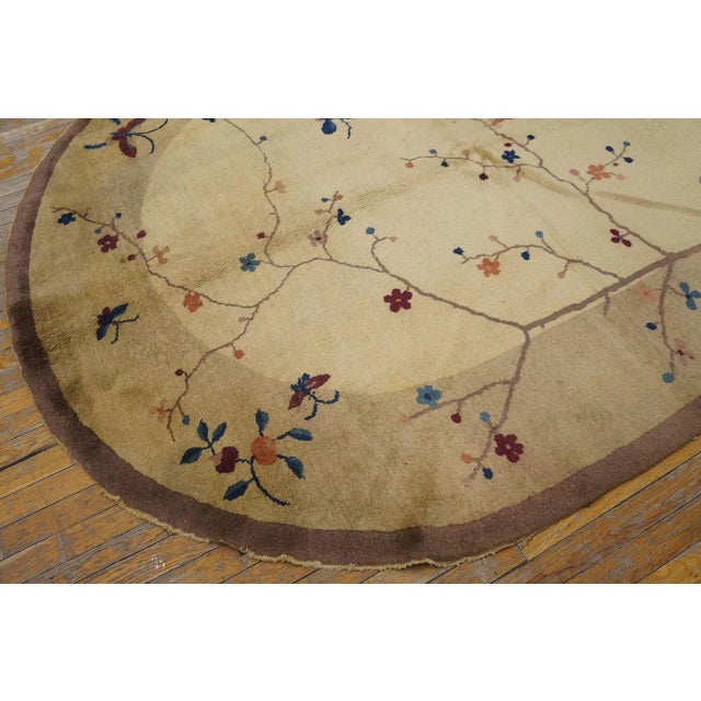 Textile 1920s Beige Floral Antique Chinese Oval Art Deco Carpet 6'2'' X 7'9'' Wool Knotted Rug For Sale - Image 7 of 9