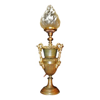 Gothic Revival Bronze Three-Handled Urn Table Lamp with Vianne Flame Shade For Sale