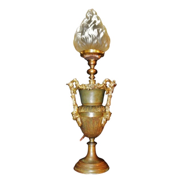 Gothic Revival Bronze Three-Handled Urn Table Lamp with Vianne Flame Shade For Sale