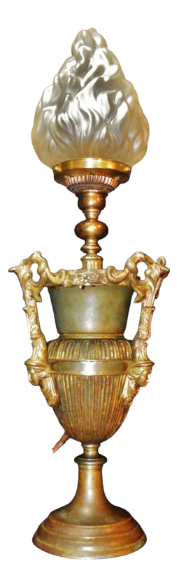 Gothic Revival Bronze Three-Handled Urn Table Lamp with Vianne Flame Shade