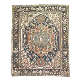 Persian Heriz Charcoal Brown Navy Room Size Early 20th Century Masculine Rug - 9'9" x 12'5" For Sale